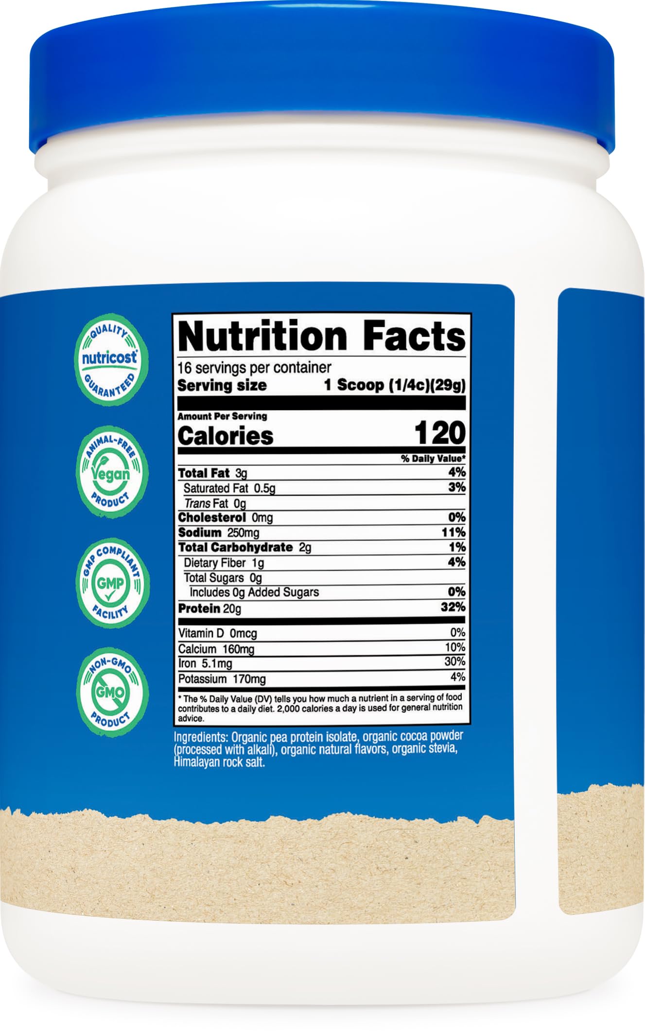 Nutricost organic pea protein chocolate label highlights USDA Organic and GMP quality