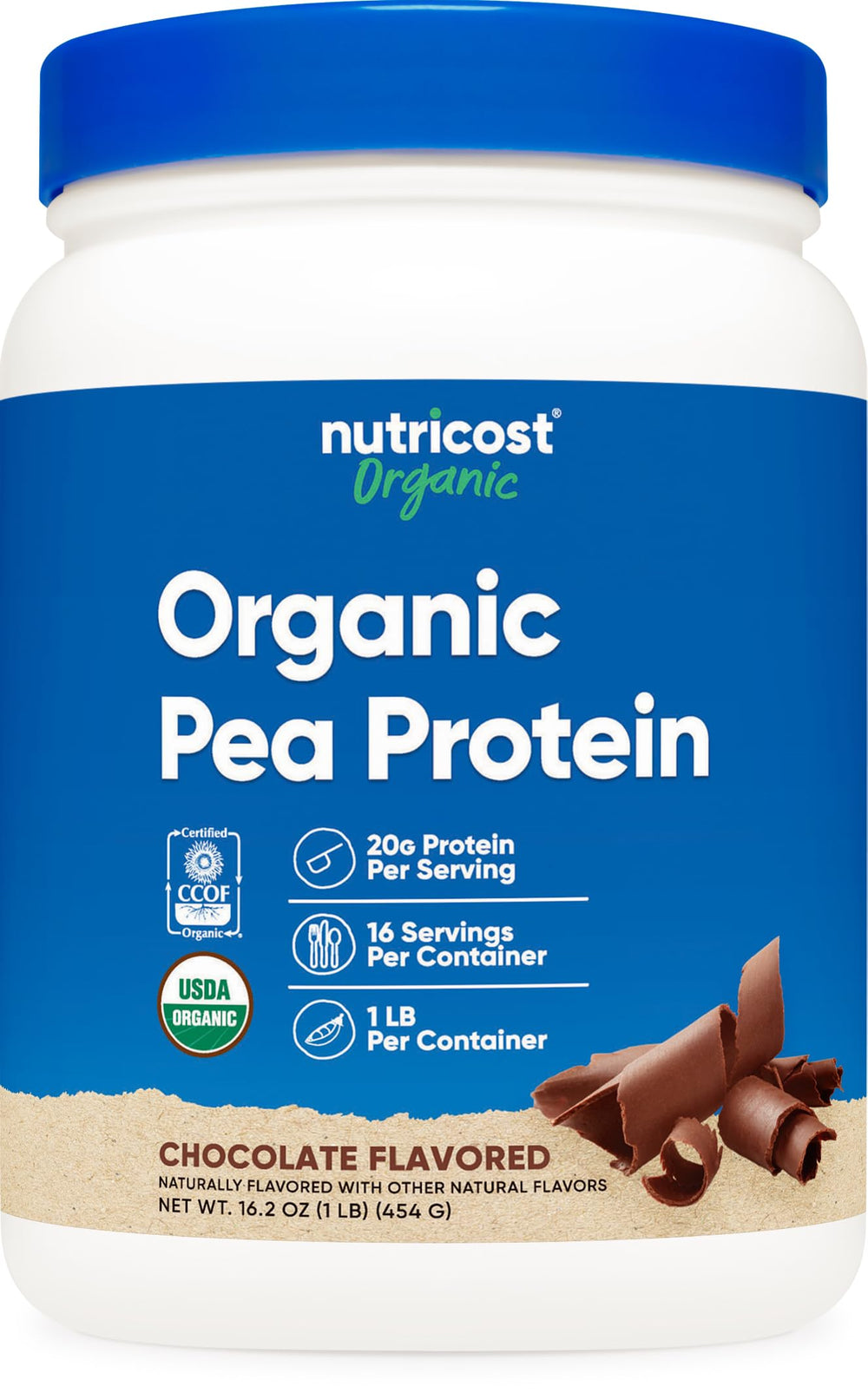 Nutricost Organic Pea Protein Powder Chocolate 1 lb container - front view