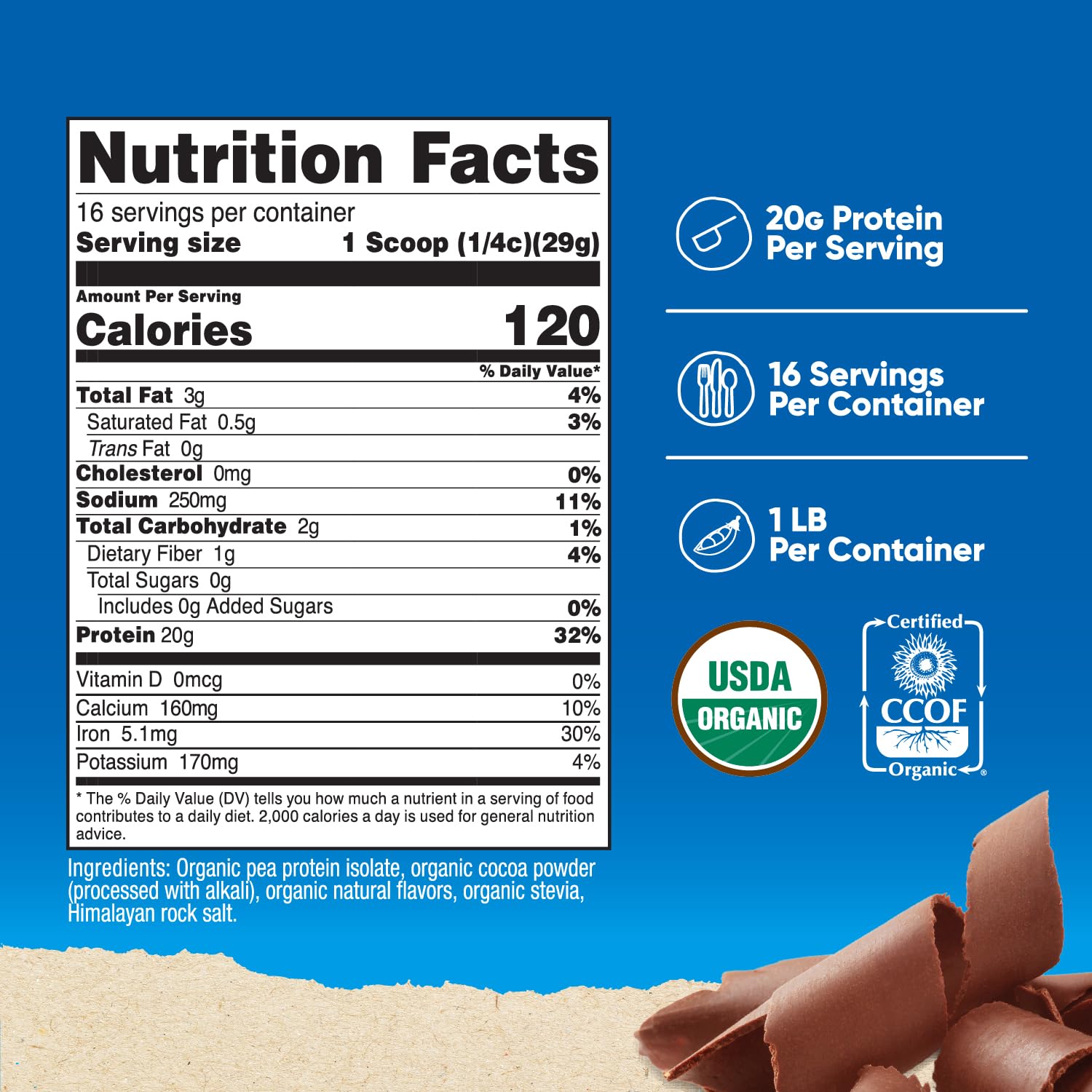 Nutrition facts panel for Nutricost Organic Pea Protein Powder Chocolate