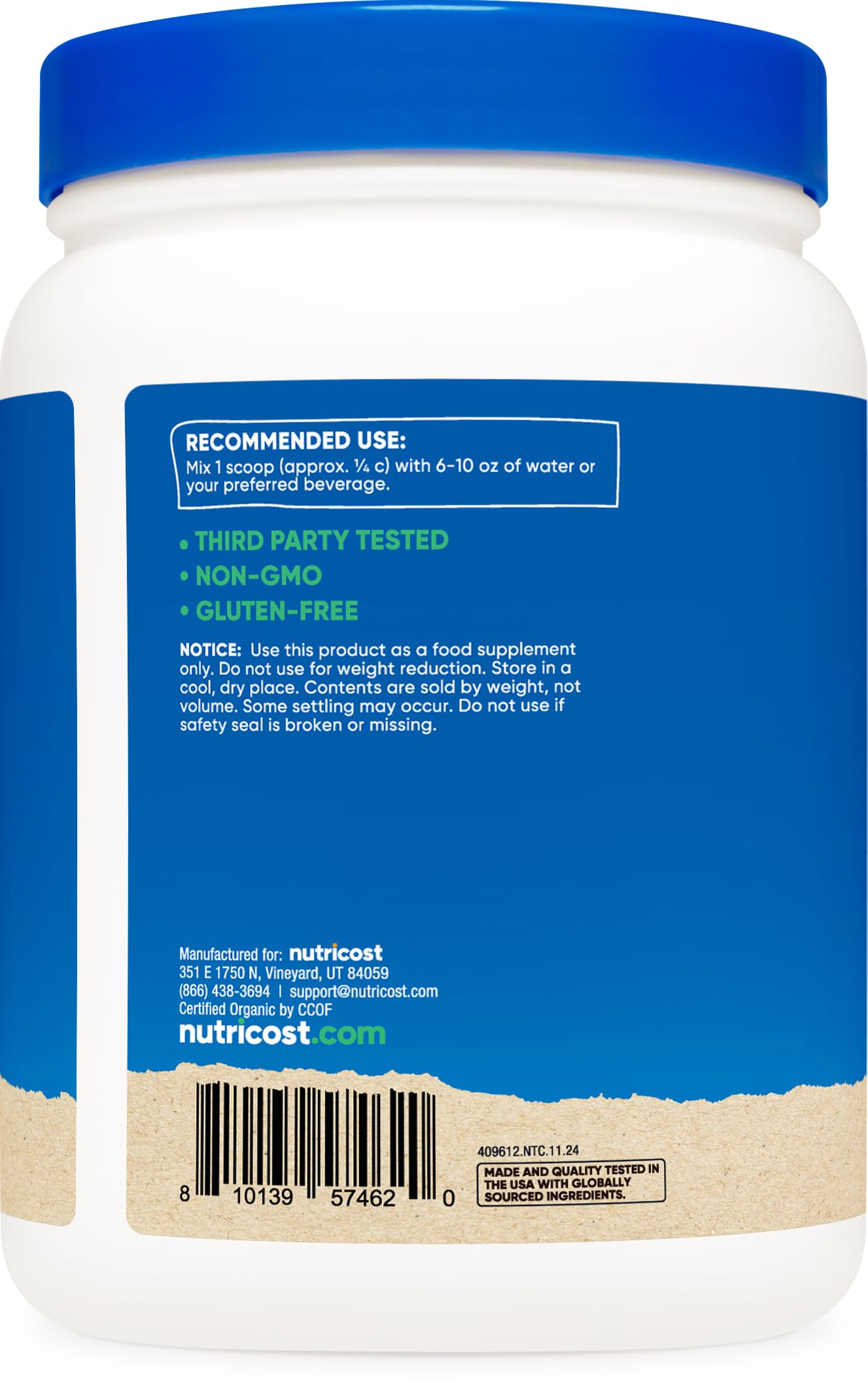 USDA Organic seal on Nutricost pea protein powder packaging