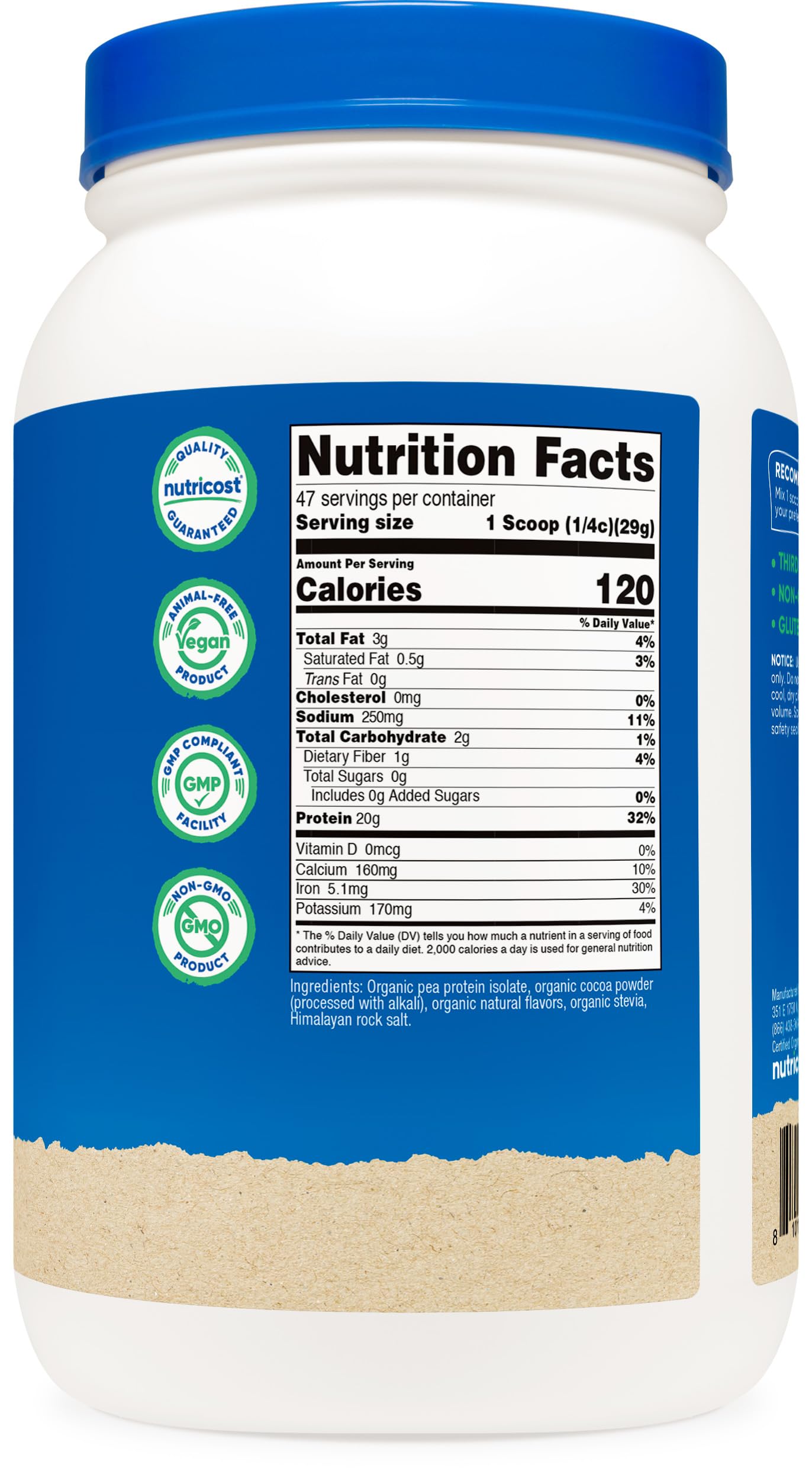 Nutricost Organic Pea Protein Powder Chocolate nutrition panel focuses on gluten-free, vegetarian protein