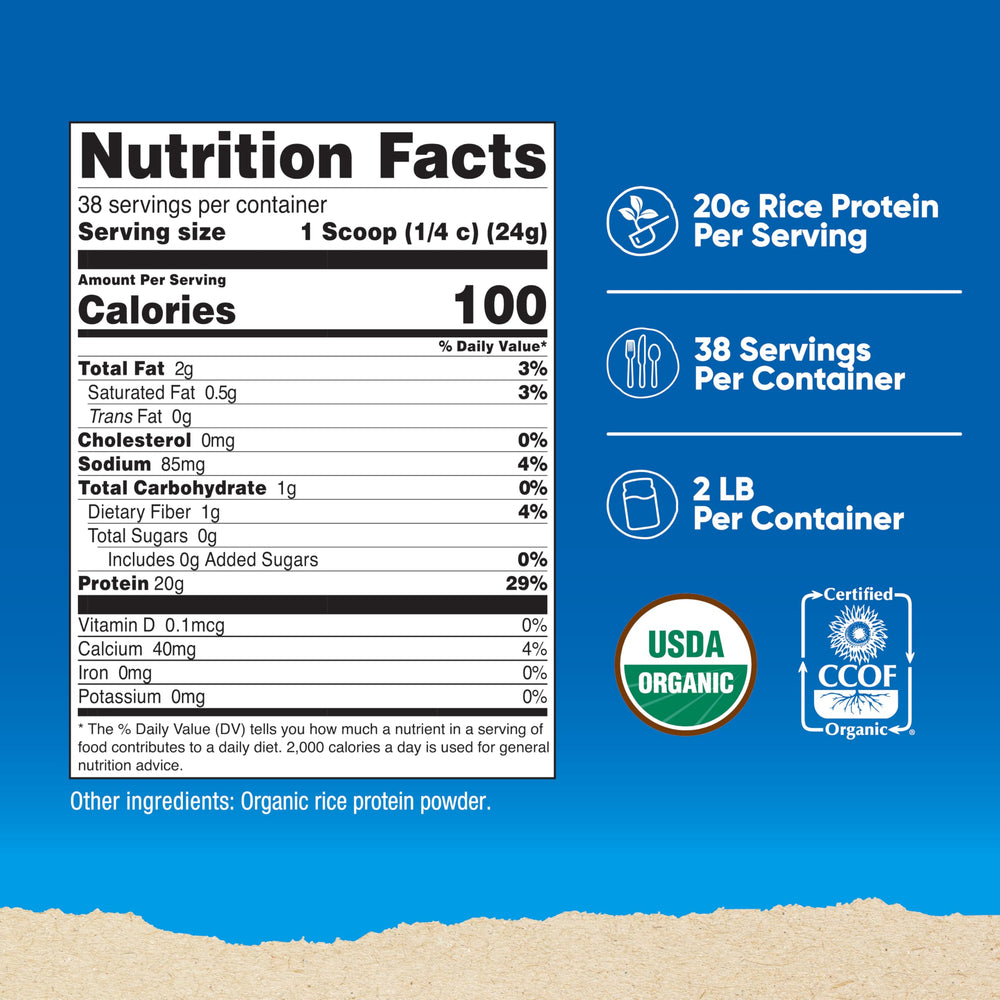 Nutricost Organic Rice Protein powder tub label highlighting gluten-free and non-GMO benefits
