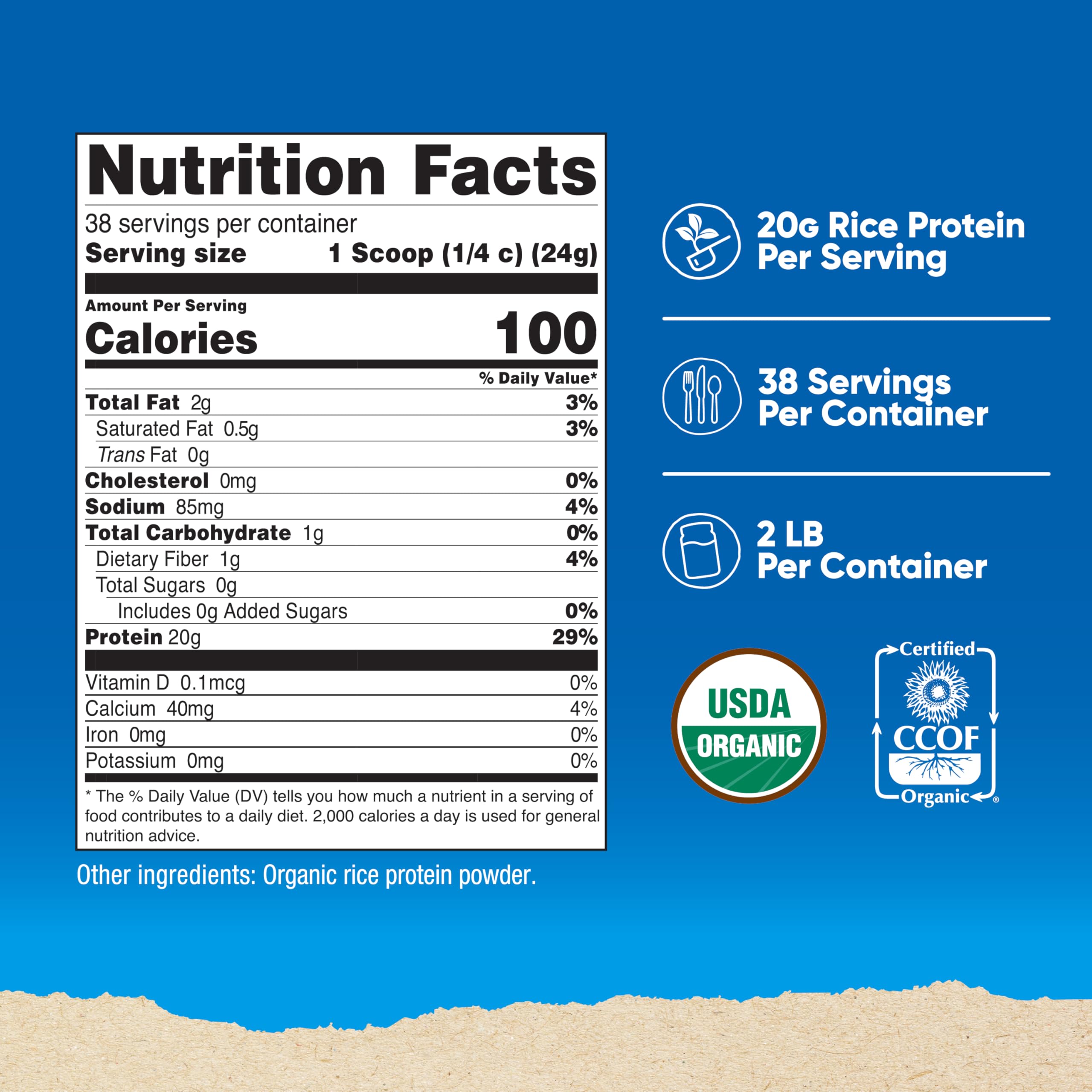 Nutricost Organic Rice Protein powder tub label highlighting gluten-free and non-GMO benefits