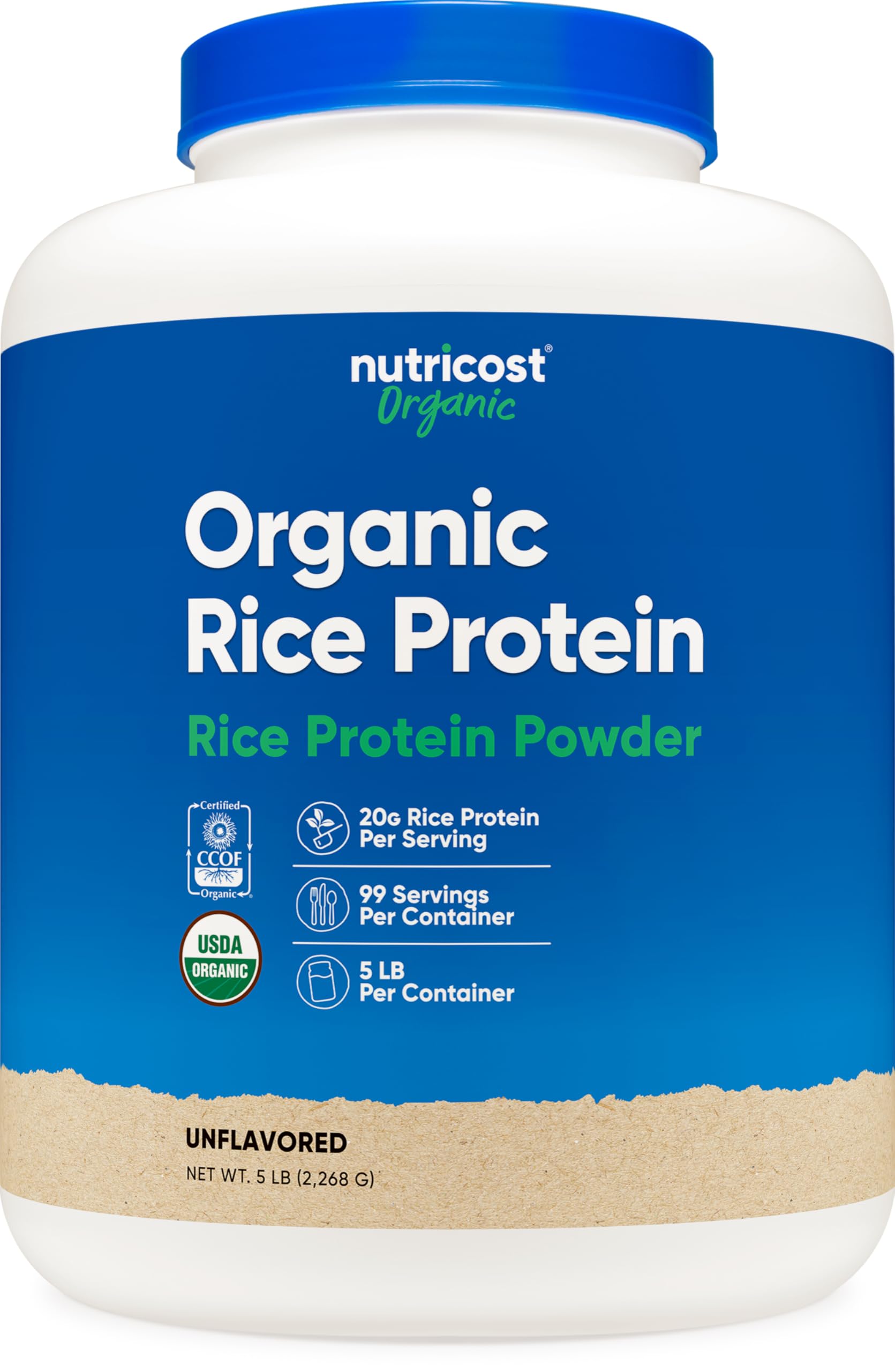 Nutricost organic rice protein powder tub highlights gluten-free, plant-based protein.