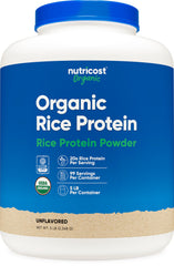 Nutricost organic rice protein powder tub highlights gluten-free, plant-based protein.