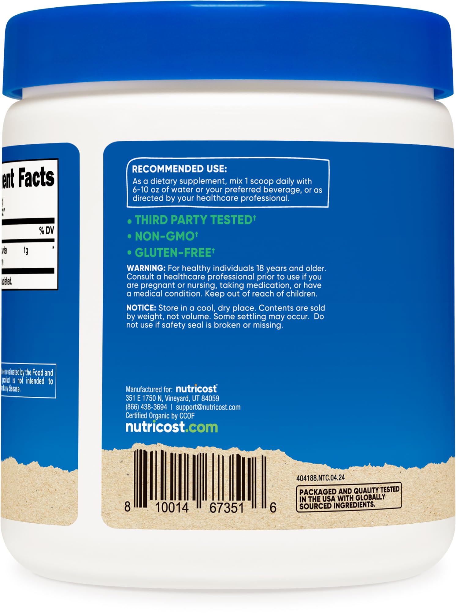 Close-up of Nutricost Organic Saw Palmetto Powder bottle label