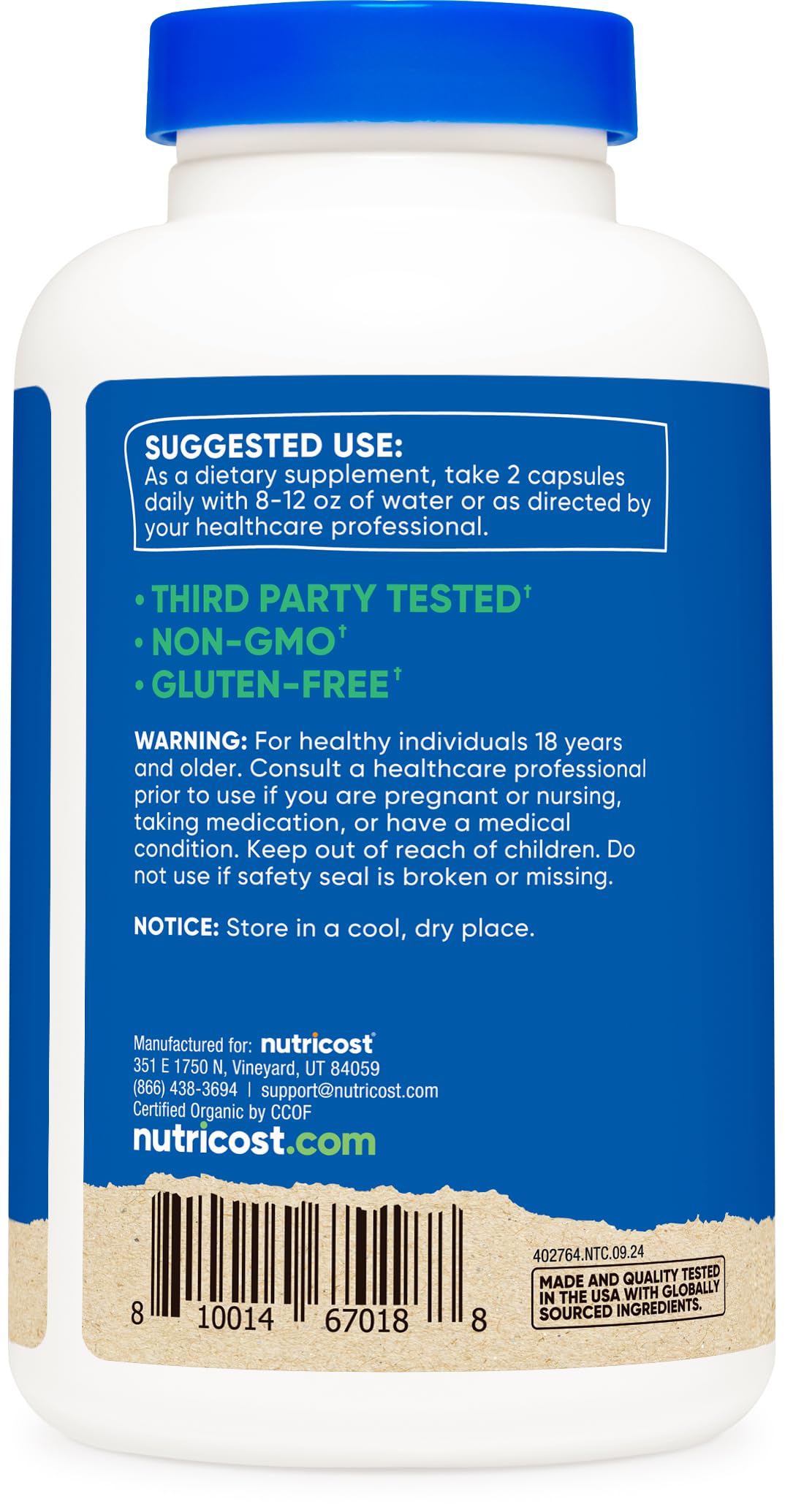 CCOF Organic certification badge on Nutricost Shiitake bottle