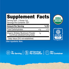 Label showing 100% USDA Organic certification on shiitake powder