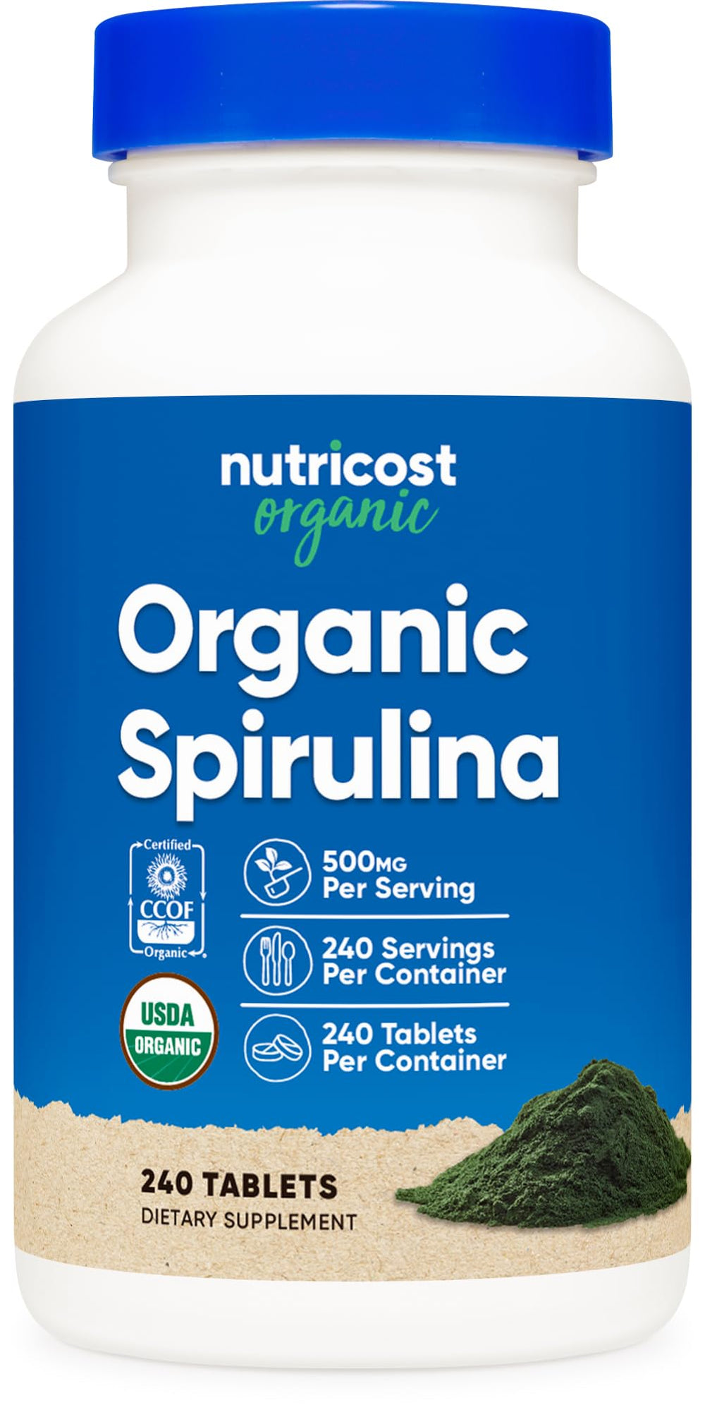 Nutricost Organic Spirulina 500mg tablets bottle - 240 count