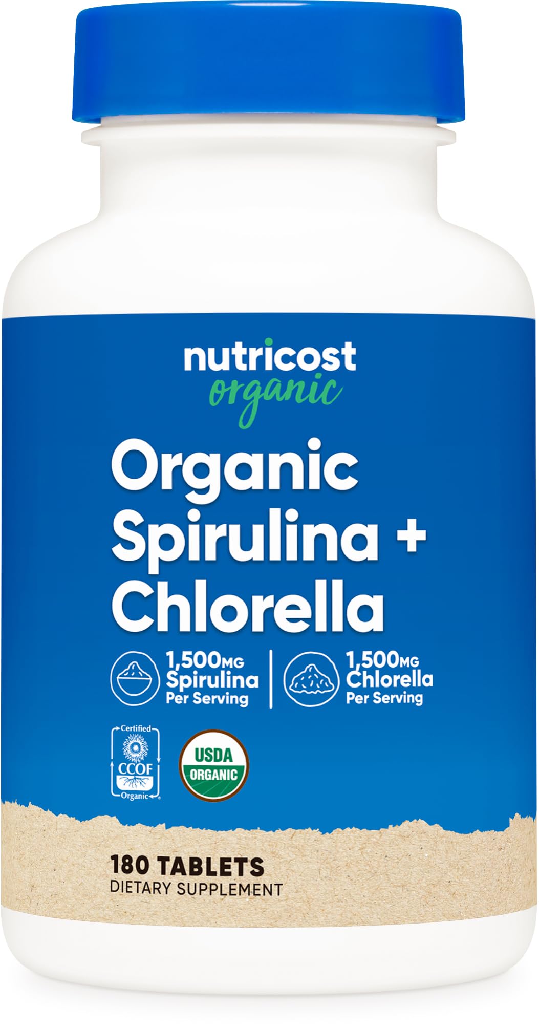 Nutricost Organic Spirulina + Chlorella bottle with 180 tablets
