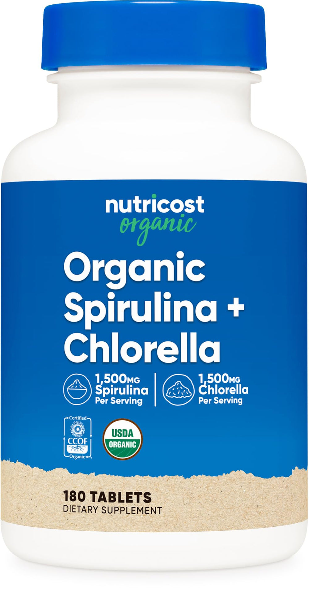 Nutricost Organic Spirulina + Chlorella bottle with 180 tablets