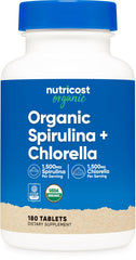 Nutricost Organic Spirulina + Chlorella bottle with 180 tablets