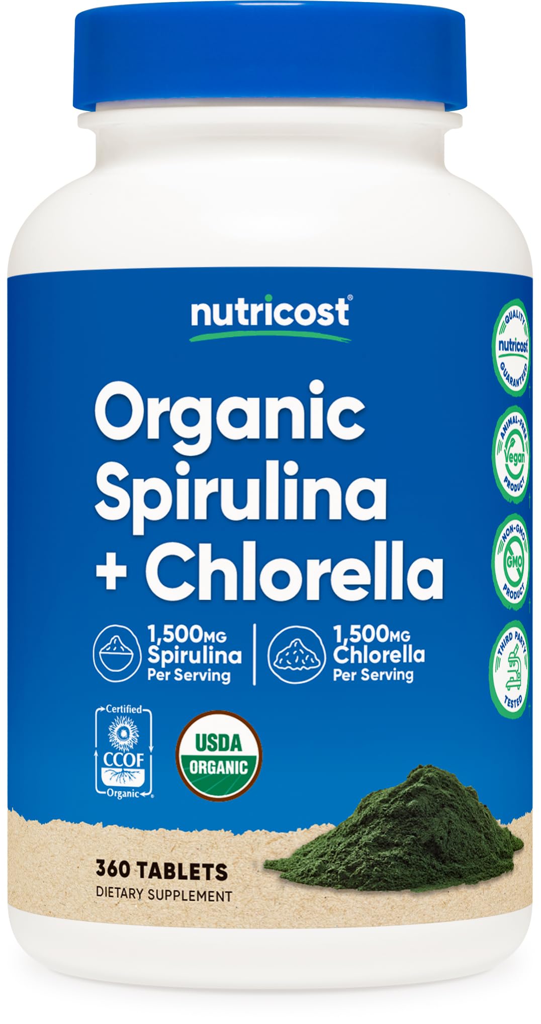 Bottle of Nutricost Organic Spirulina + Chlorella 360 tablets