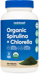 Bottle of Nutricost Organic Spirulina + Chlorella 360 tablets