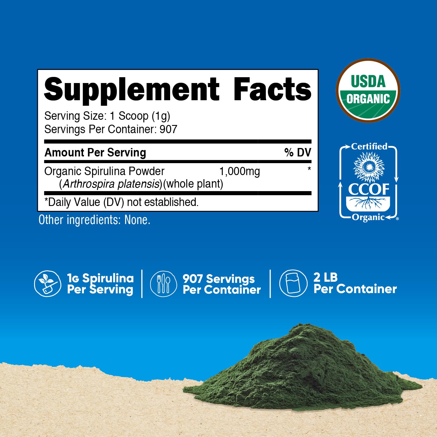 Nutricost Organic Spirulina Powder 2 LB bottle with label