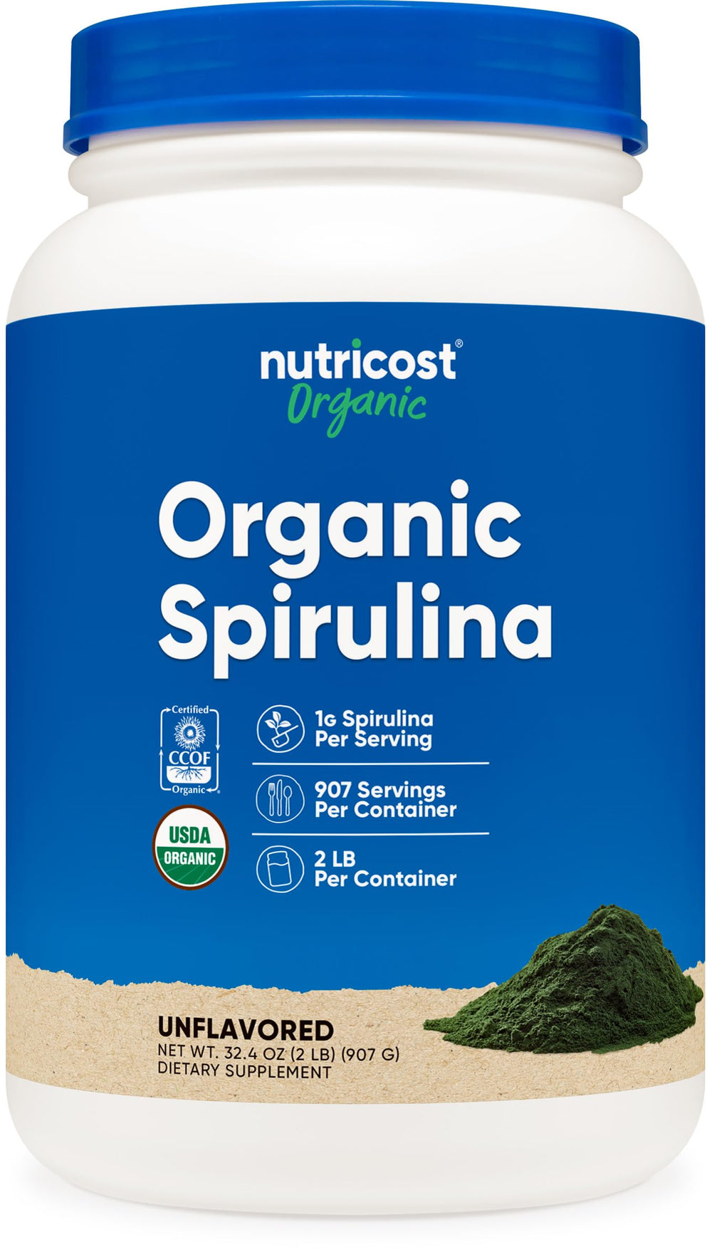 Nutricost Organic Spirulina Powder 2 LB bottle – front view