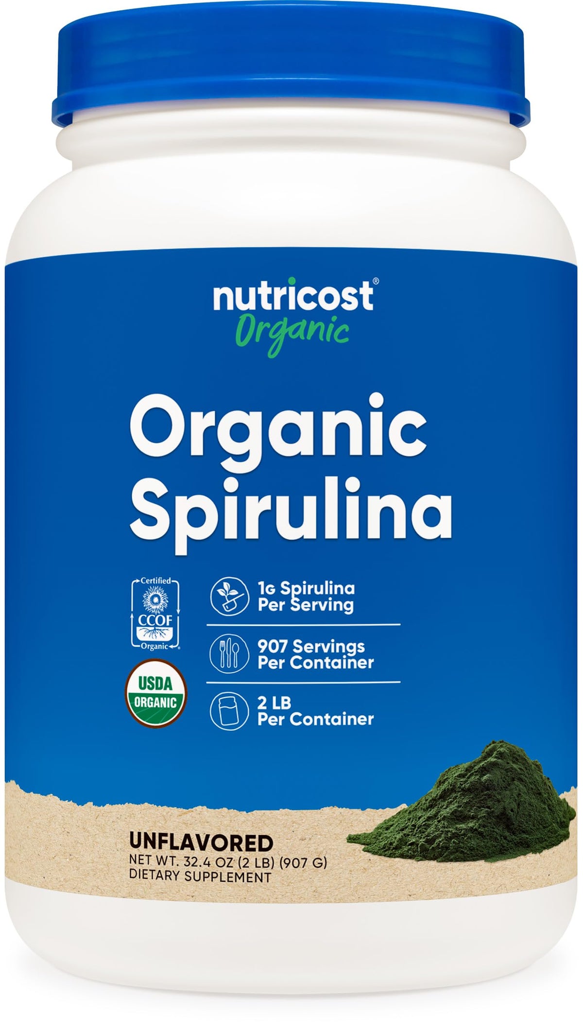 Nutricost Organic Spirulina Powder 2 LB bottle – front view