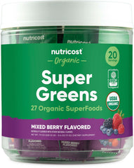 Nutricost Organic Super Greens Mixed Berry flavor box with 20 stickpacks