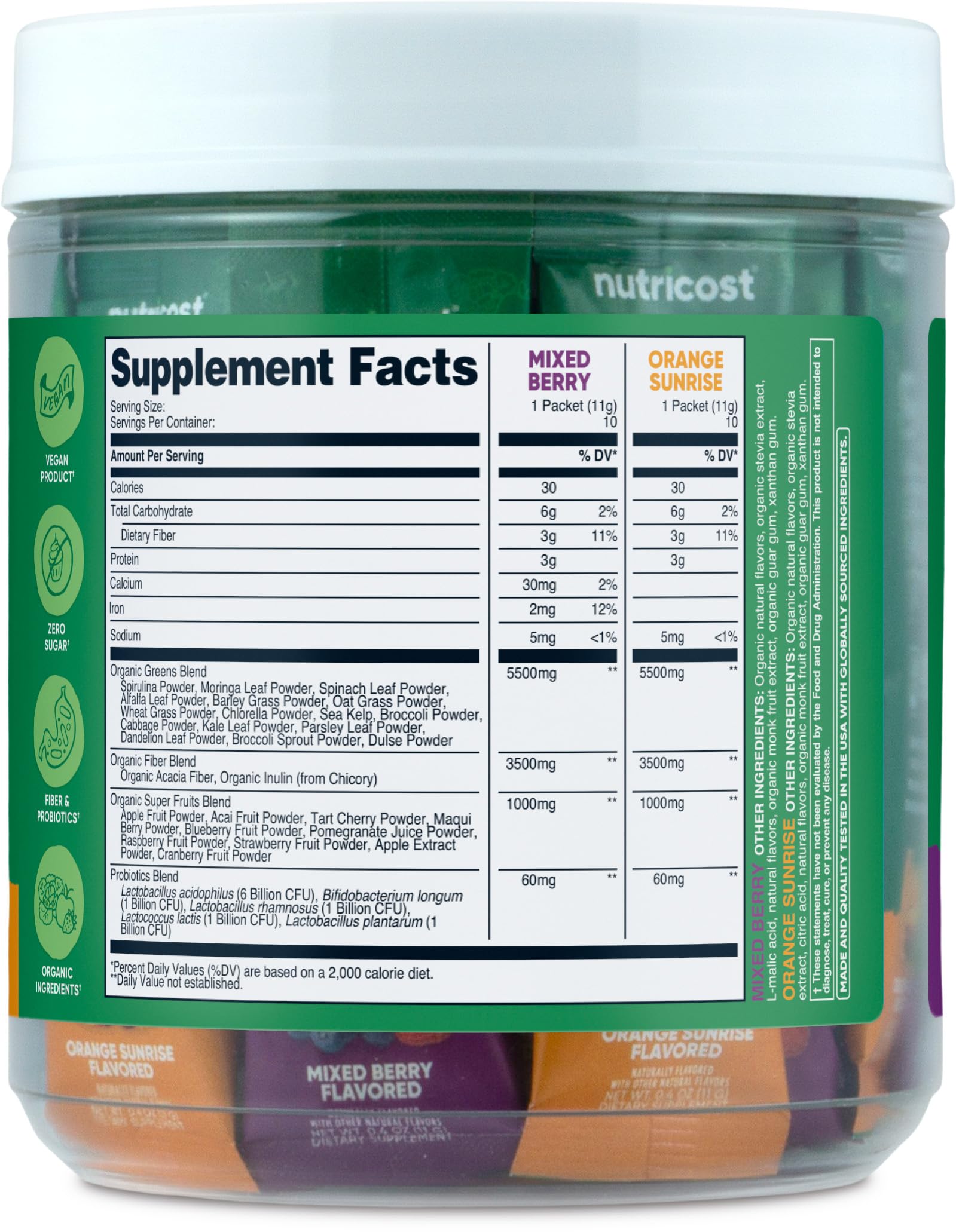 Nutricost Organic Super Greens Variety Pack – 20-stickpack label