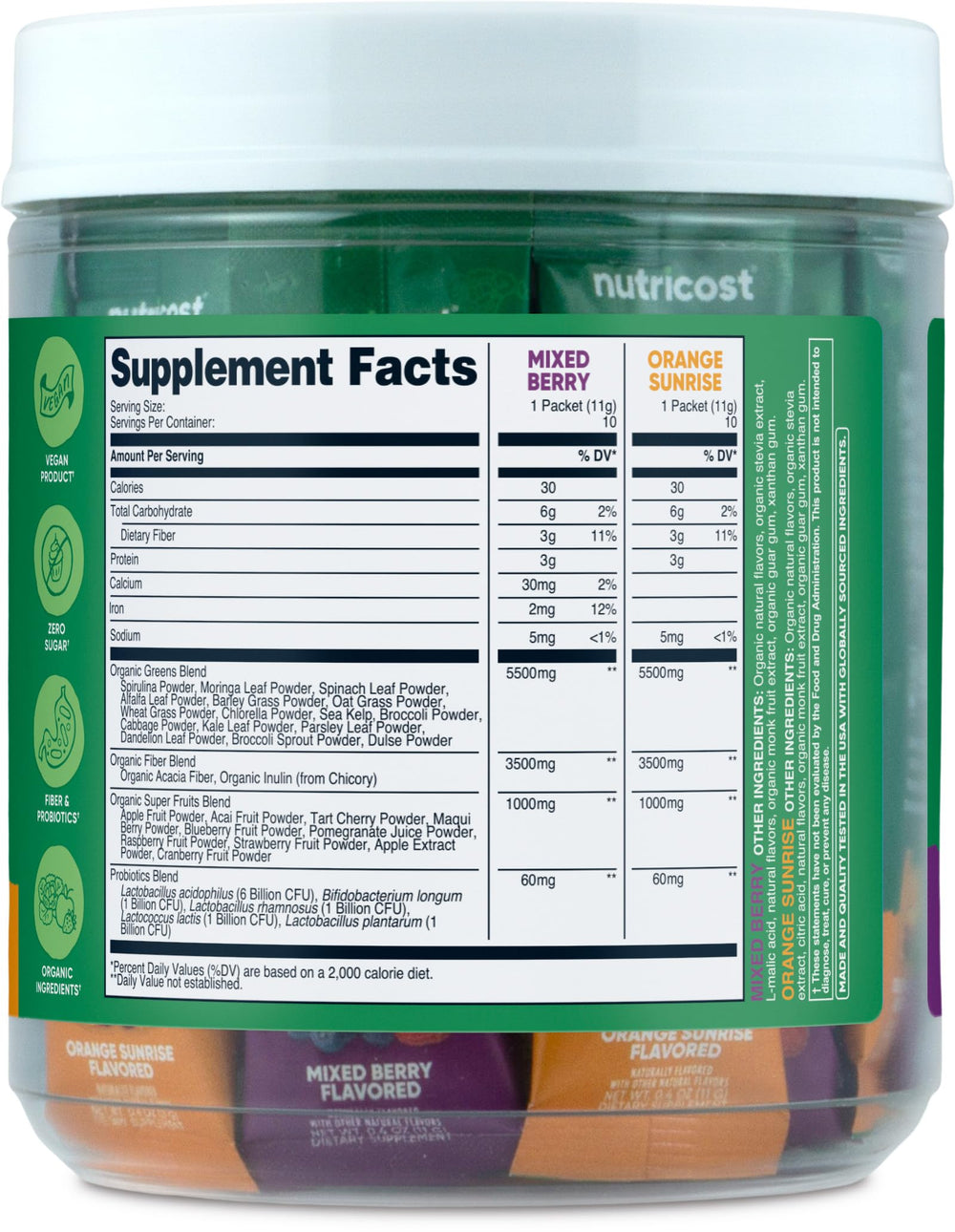 Nutricost Organic Super Greens Variety Pack – 20-stickpack label