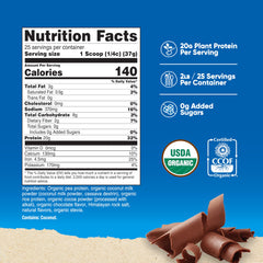 Chocolate flavor vegan protein powder with scoop