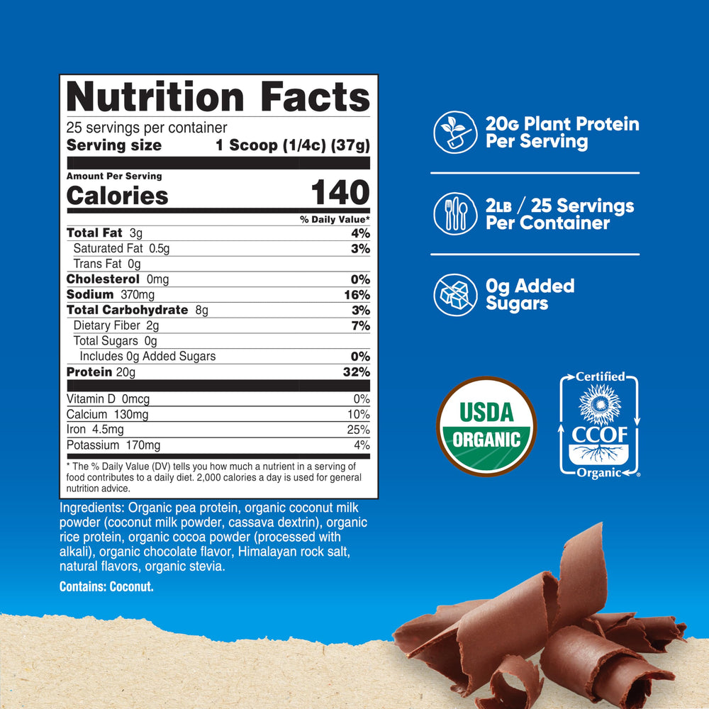 Nutricost Organic Vegan Protein Chocolate 2lb ingredient label highlights gluten-free and organic ingredients.