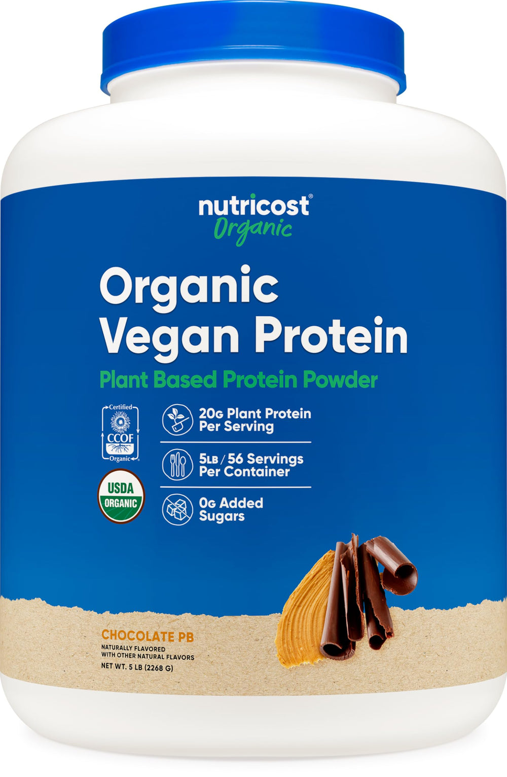 Front view of Nutricost Organic Vegan Protein Chocolate Peanut Butter 5 lb tub