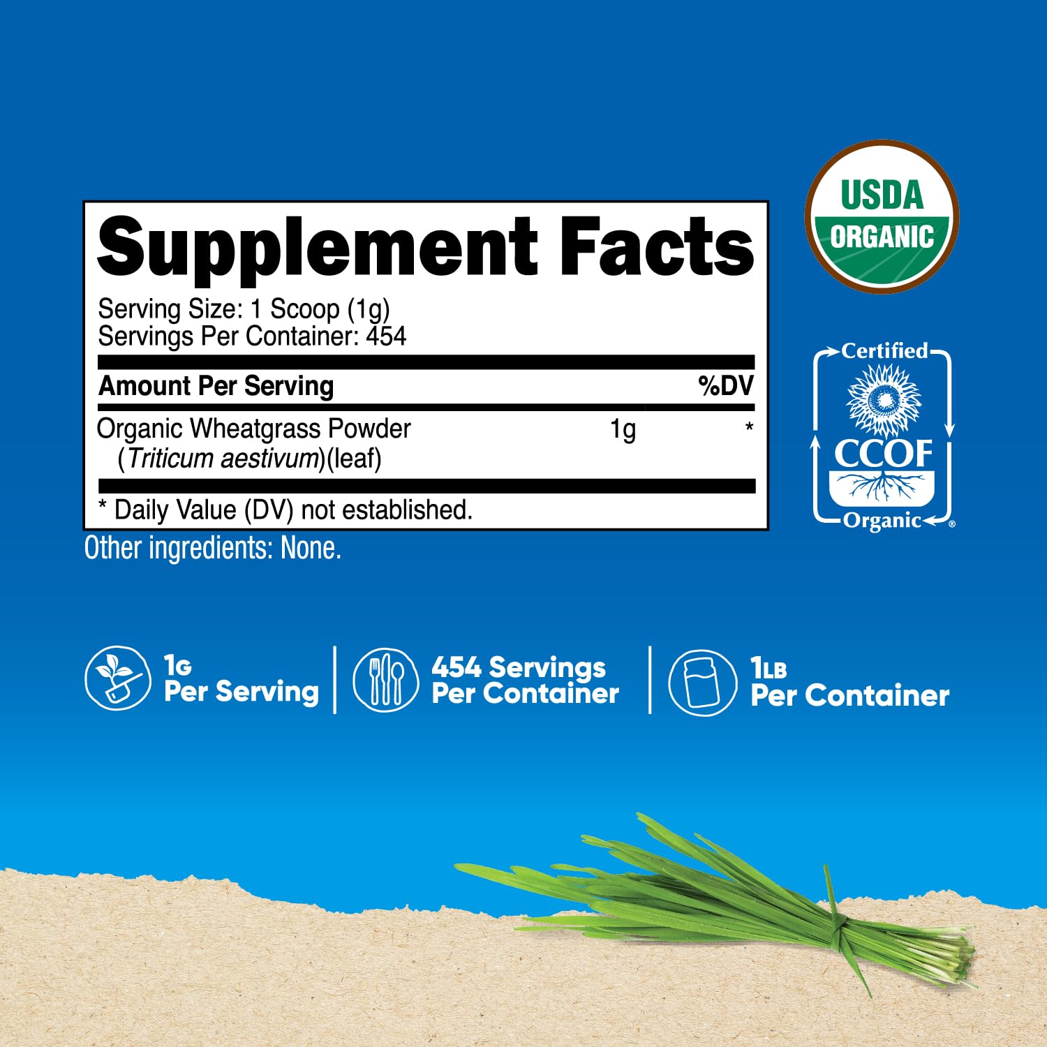 Packaging showing Non-GMO and Gluten Free claims on Nutricost Wheatgrass Powder