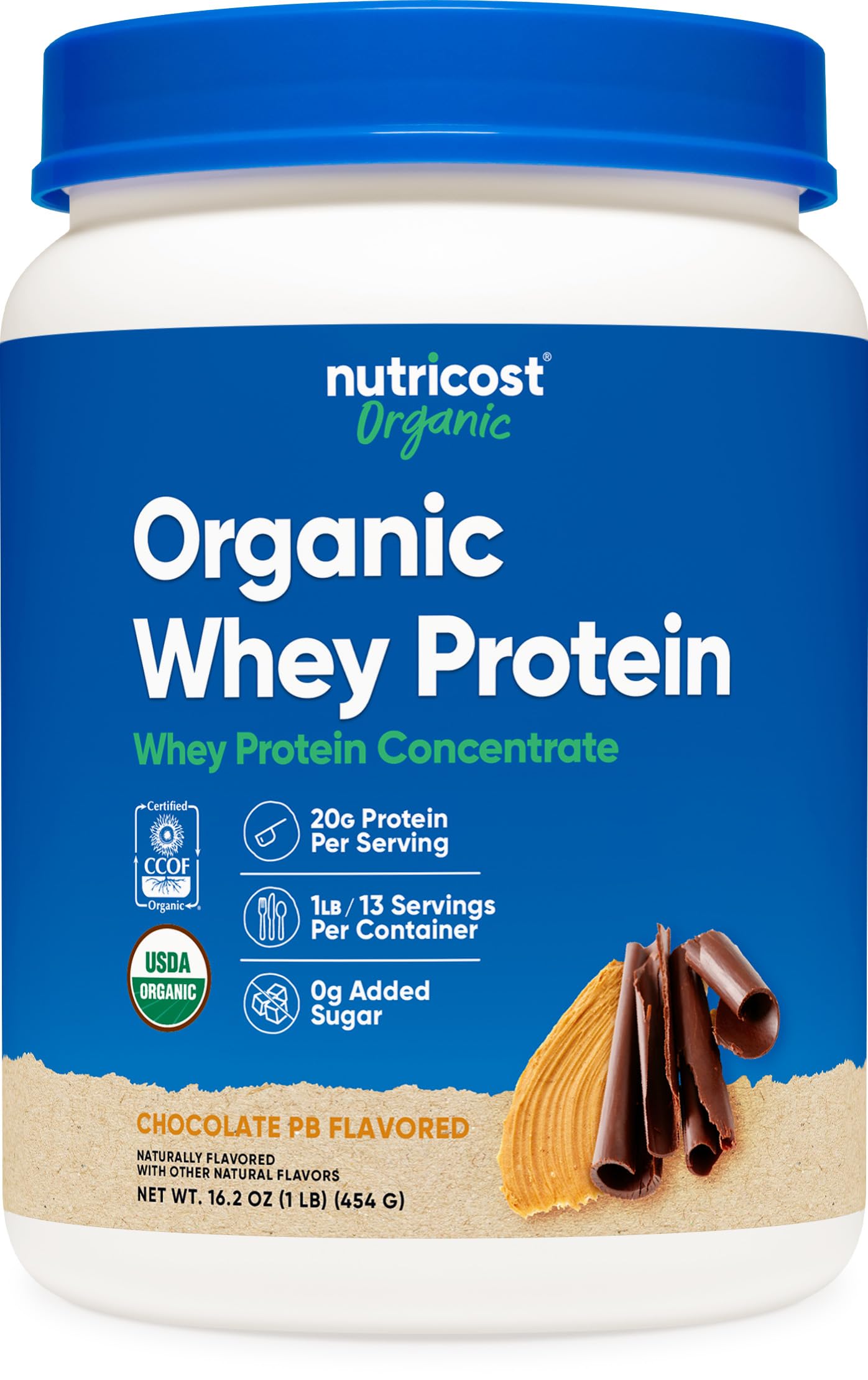 Nutricost Organic Whey Protein Concentrate chocolate peanut butter container for post-workout shakes
