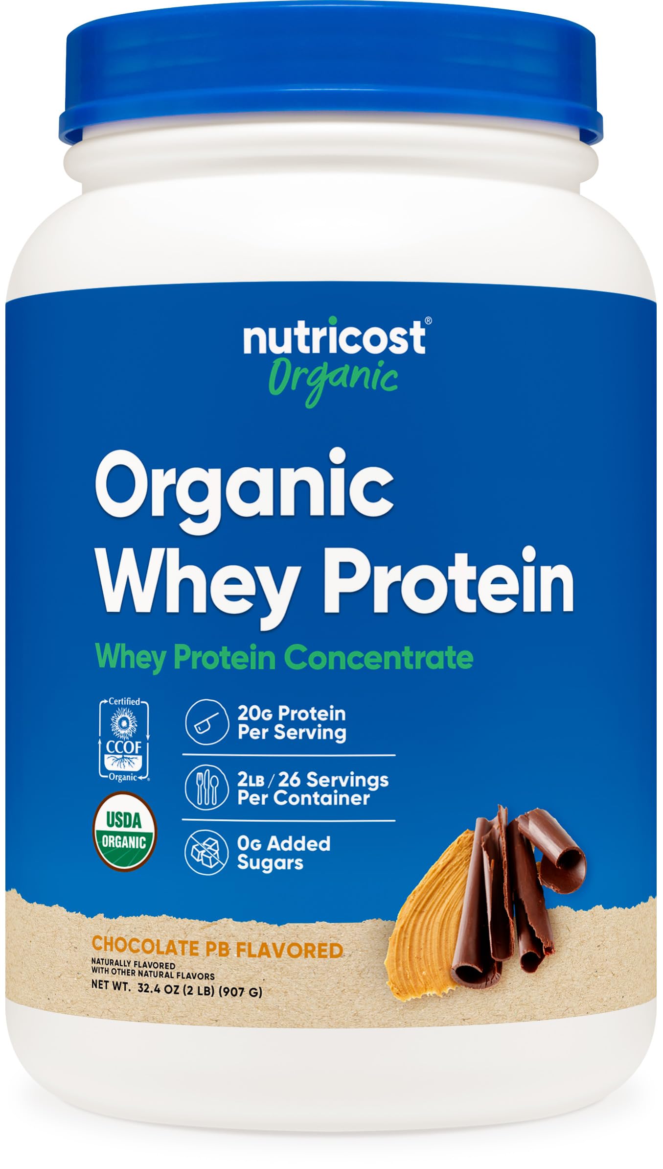 Nutricost organic whey protein concentrate chocolate peanut butter jar for quick protein boosts.