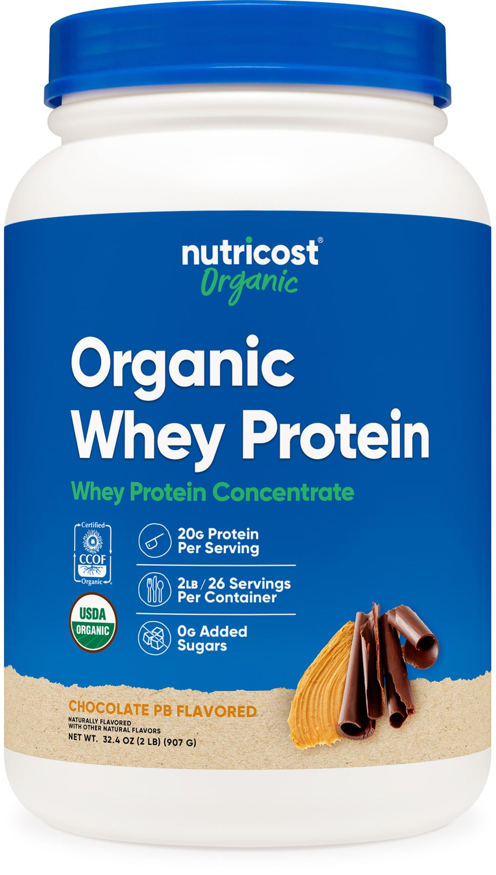 Nutricost organic whey protein concentrate chocolate peanut butter jar for quick protein boosts.