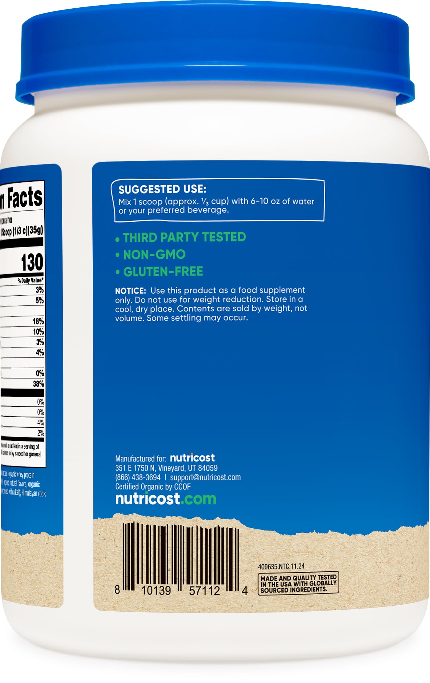 Nutricost Organic Whey Protein Concentrate scoop beside powder showing convenient 1 lb packaging