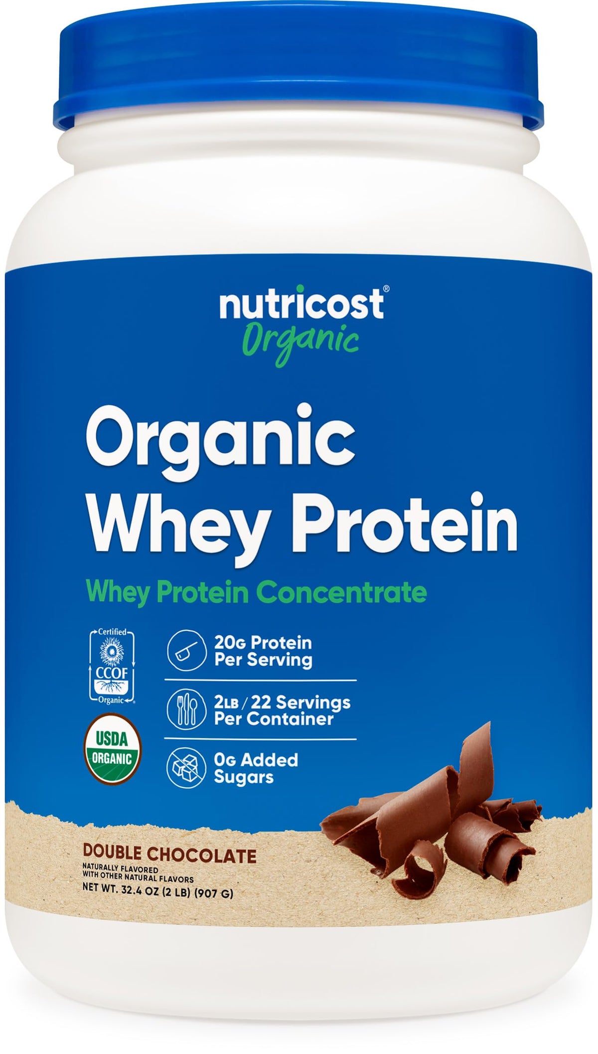 Nutricost Organic Whey Protein Double Chocolate container for easy daily protein boost.