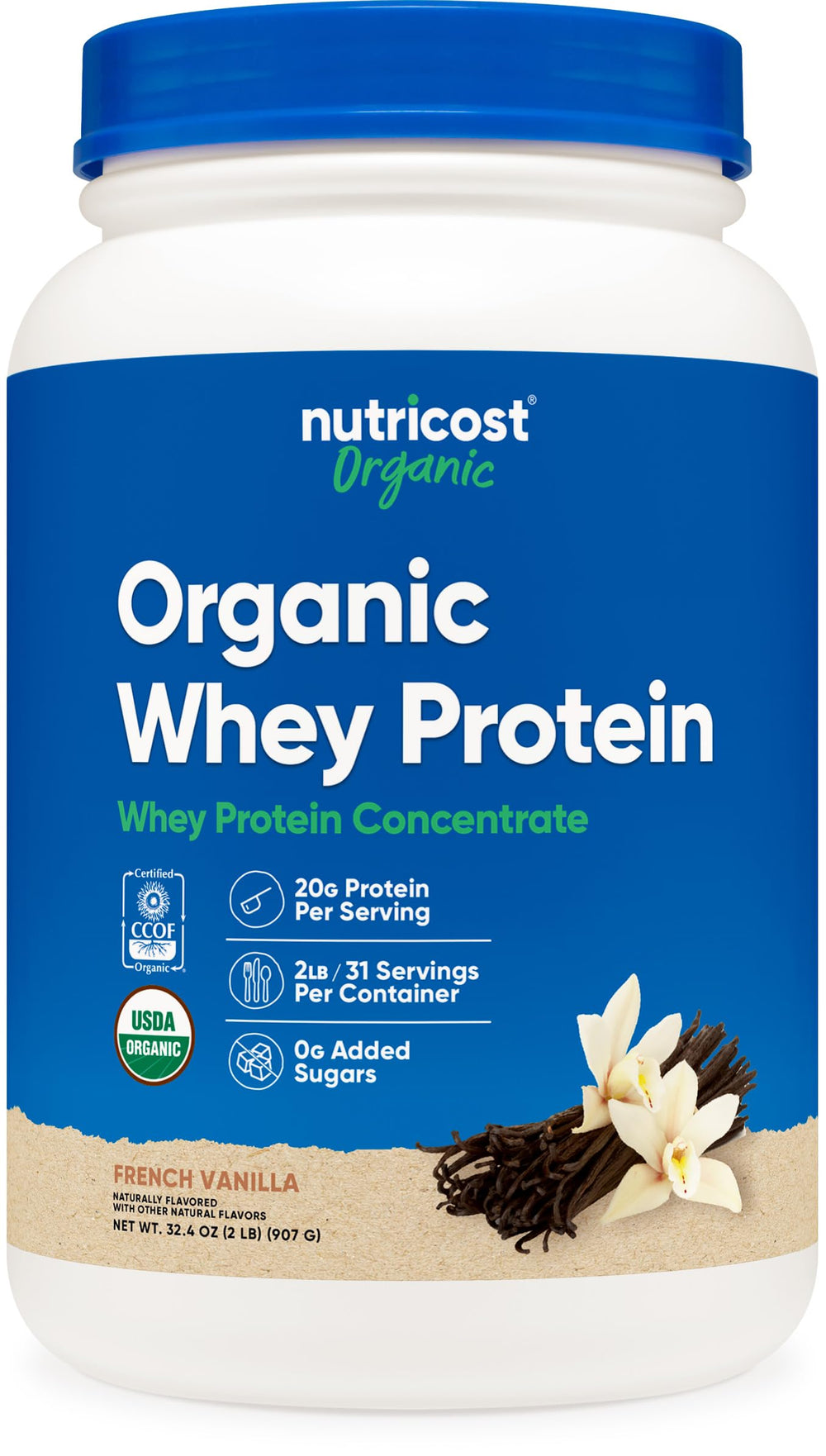 Nutricost Organic Whey Protein Concentrate French Vanilla bottle showing protein source for post-workout meals.