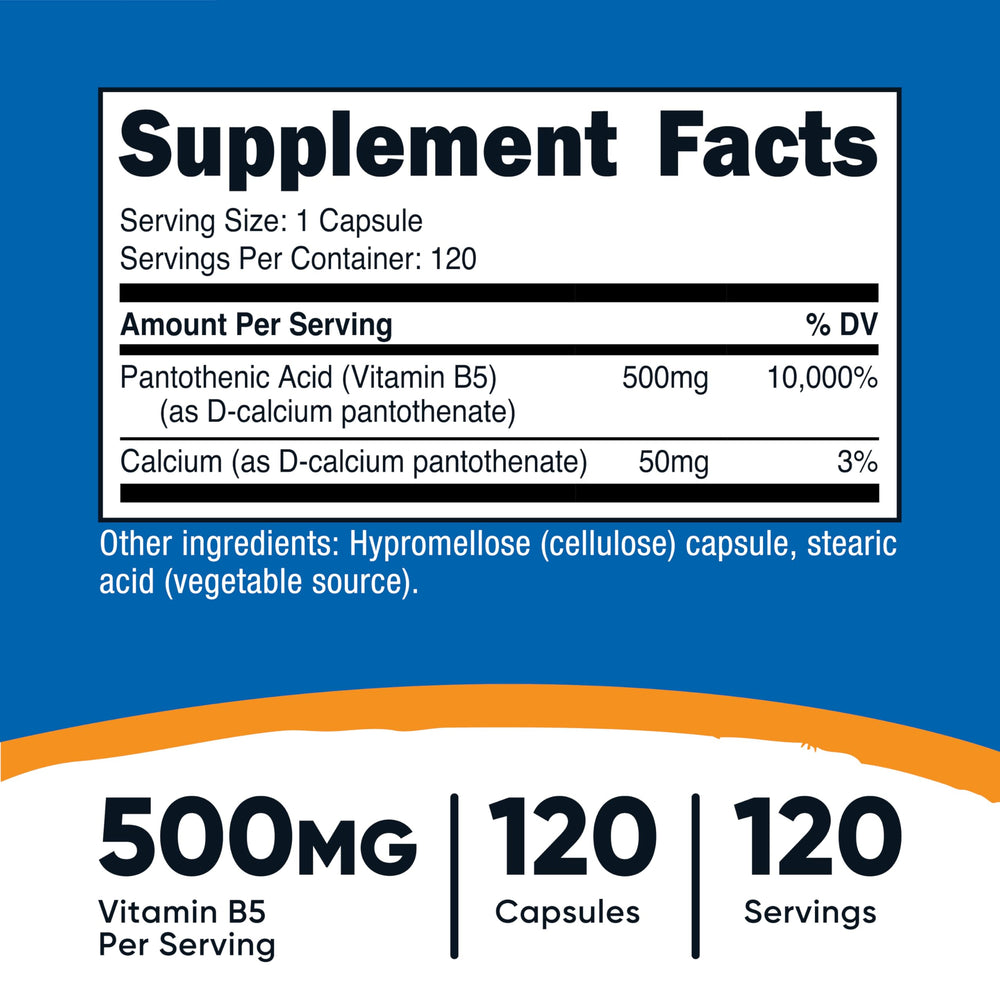 Full bottle of Nutricost Pantothenic Acid (Vitamin B5) 120 capsules