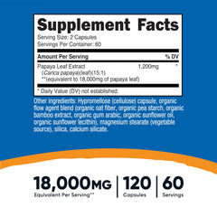 Nutricost Papaya Leaf Extract bottle back label with nutrition and certifications