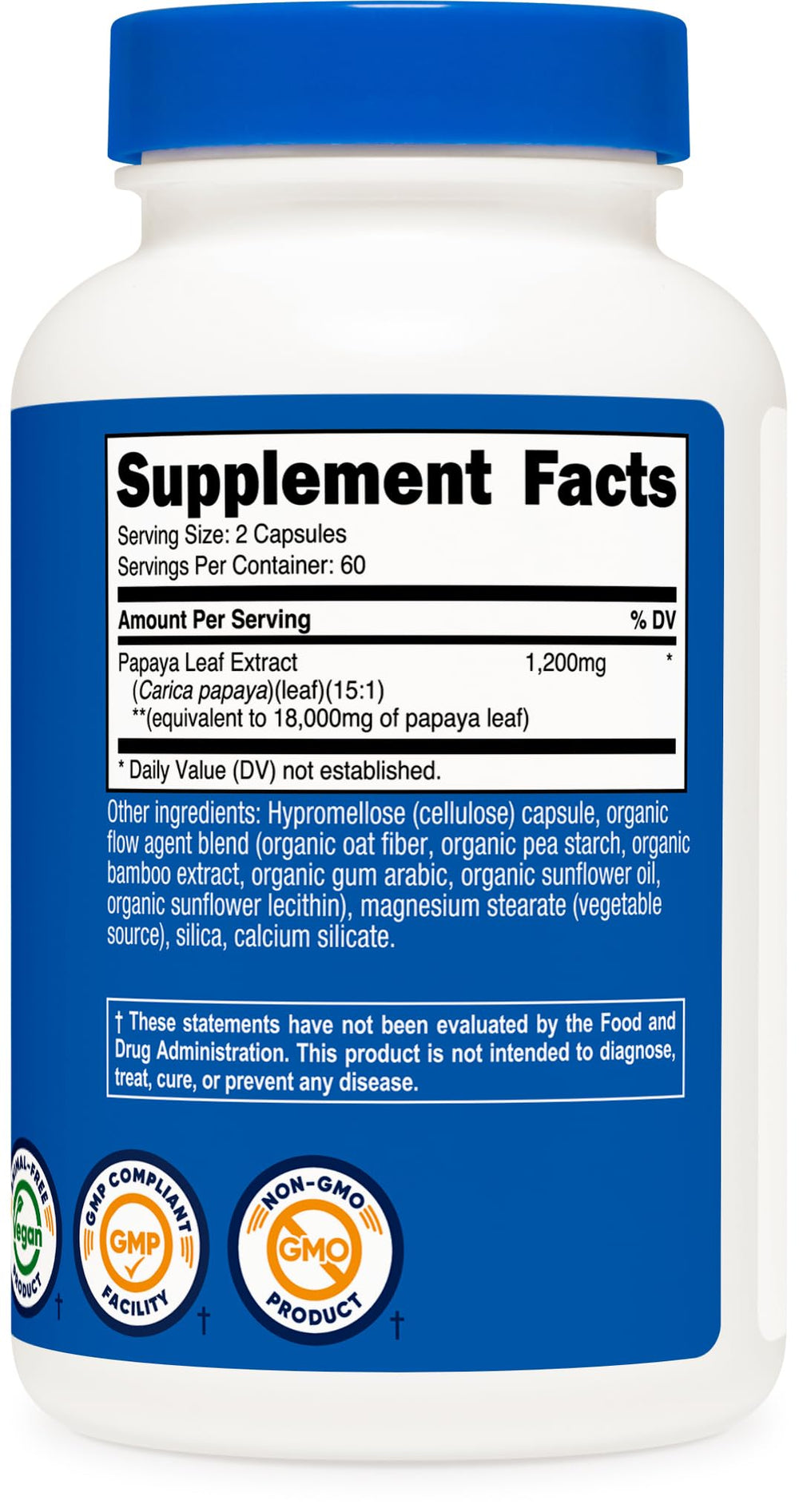 Icons showing vegan, gluten-free, and GMO-free attributes for Nutricost Papaya Leaf Extract