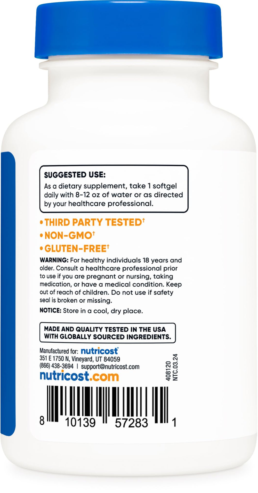 Gluten-free and GMO-free markings on Nutricost packaging