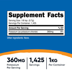 Label on Nutricost Potassium Chloride Powder 1kg bottle