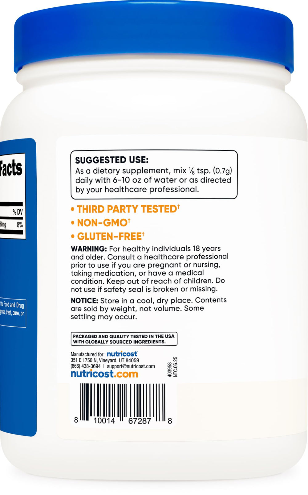 Side view of Nutricost Potassium Chloride Powder 1kg bottle