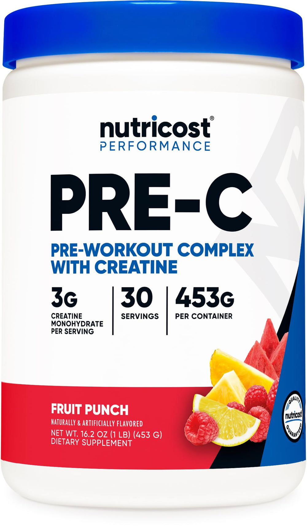 Nutricost Pre-C Pre-Workout Fruit Punch label close-up highlights creatine content for workouts.