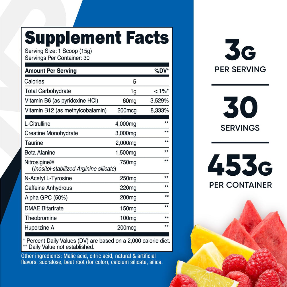 Nutricost Pre-C Pre-Workout Fruit Punch powder jar close-up hints at sustained energy during workouts.