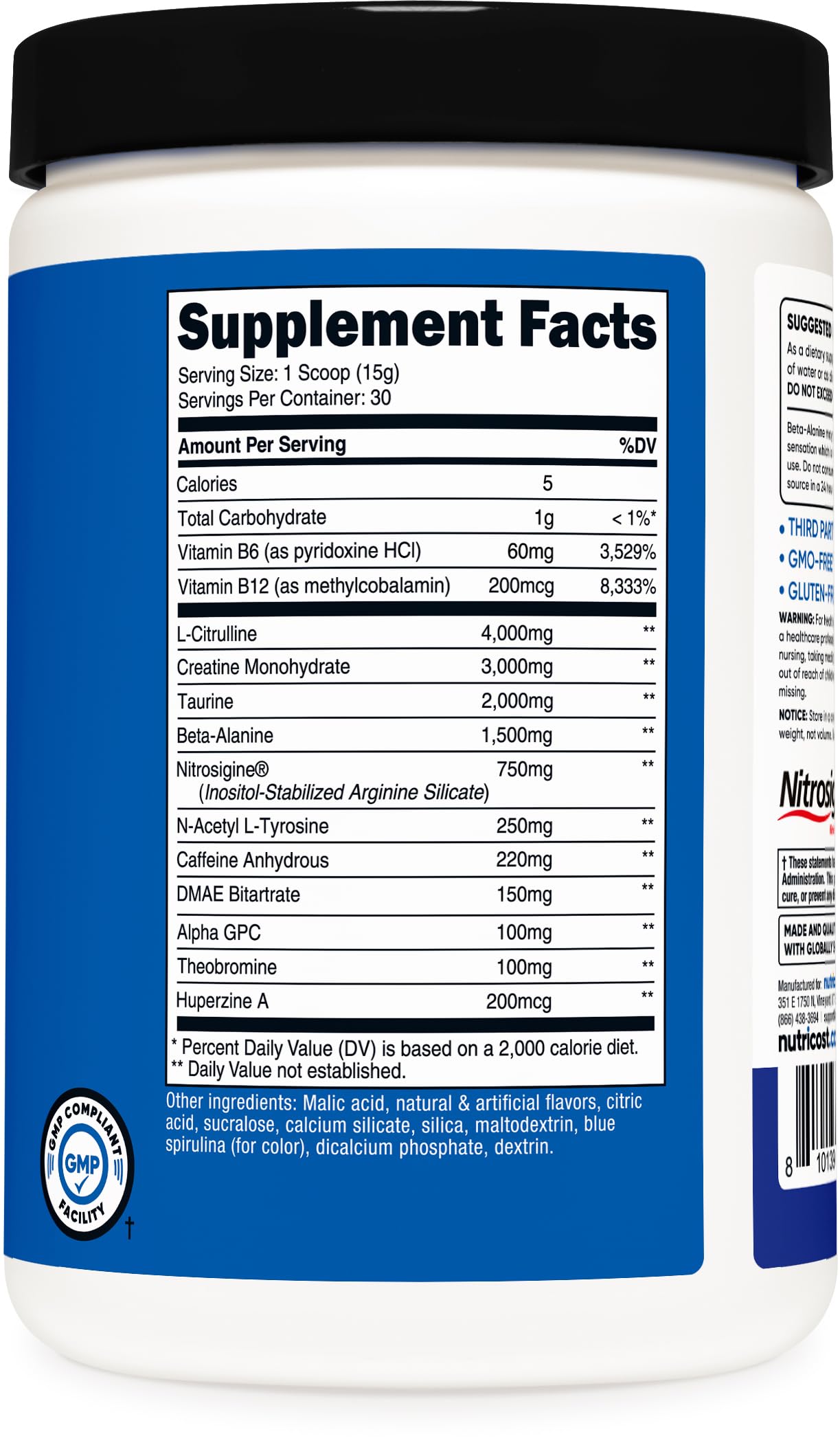 Nutricost Pre-C Pre-Workout manufacturing facility badge for quality control.