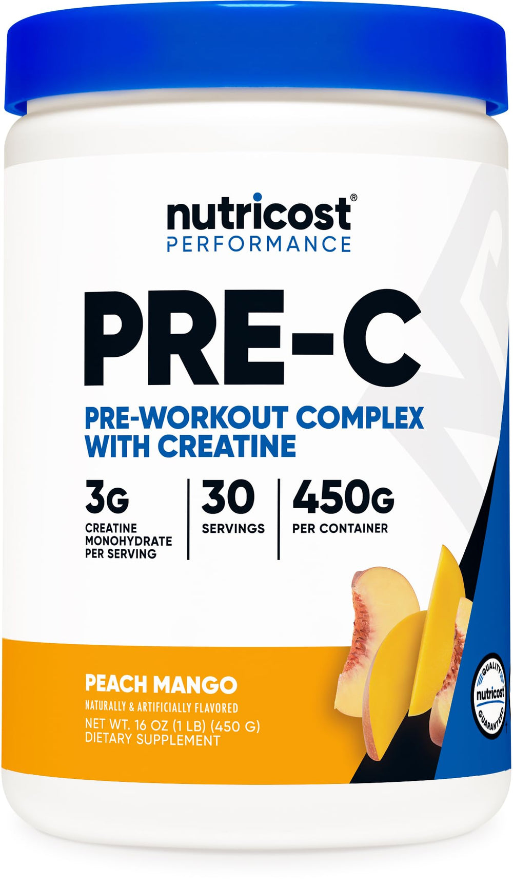 Nutricost Pre-C Peach Mango tub ready for pre-workout energy boost.