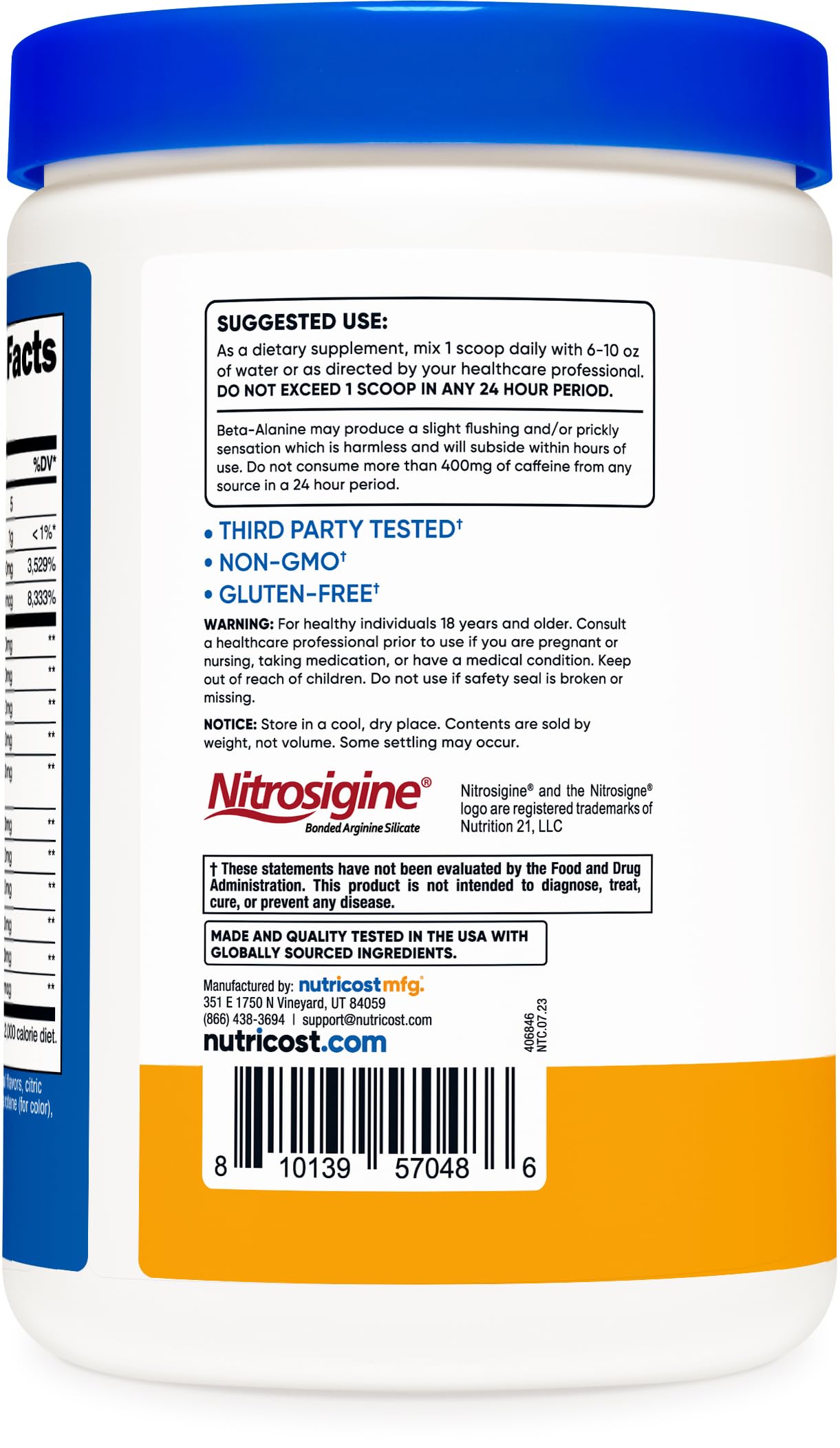 Nutricost Pre-C third-party testing seal confirms purity and potency.