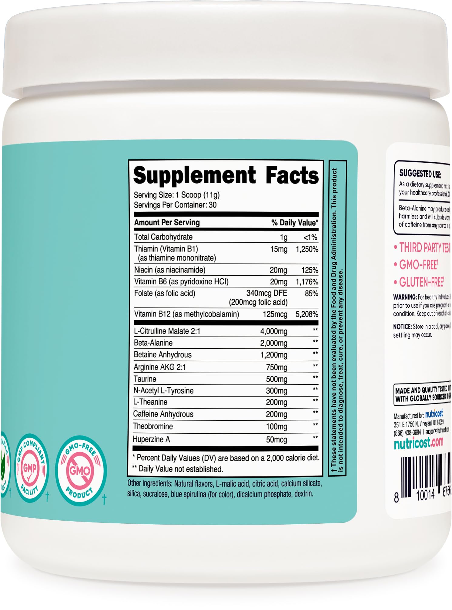 Nutricost pre-workout blue raspberry label-closeup emphasizes quality and transparency