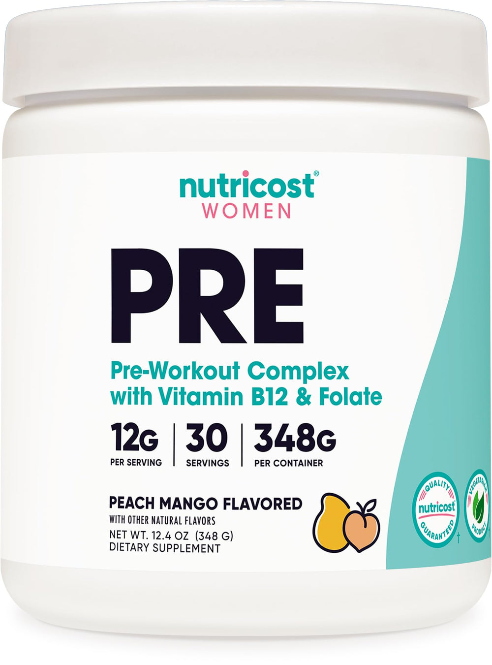 Nutricost pre-workout women peach mango bottle ready for a workout session
