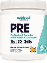 Nutricost pre-workout women peach mango bottle ready for a workout session