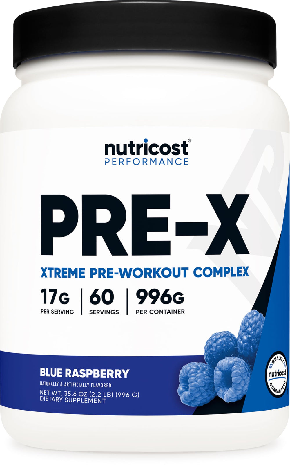 Nutricost Pre-X Xtreme Pre-Workout Powder Blue Raspberry flavor with 60 servings