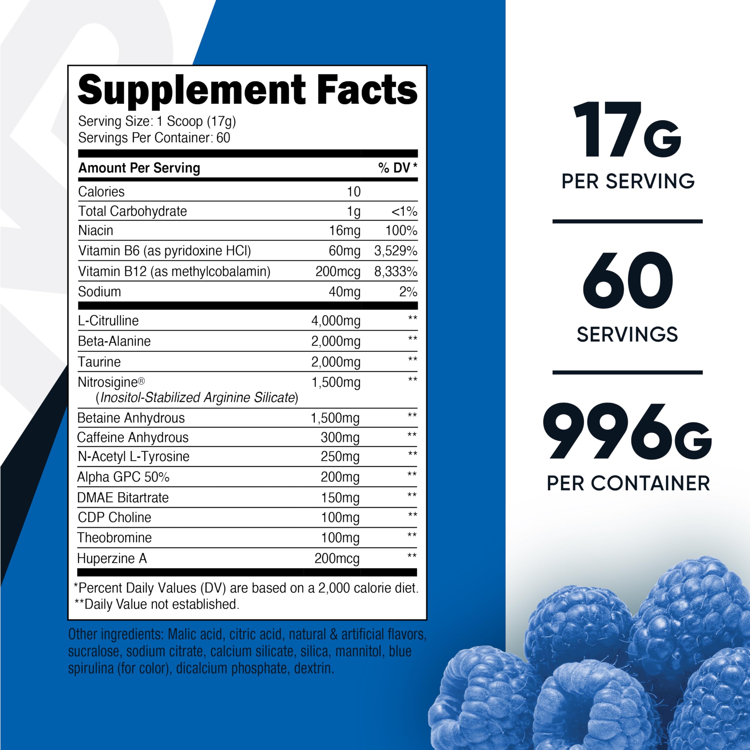 Ingredient panel showing L-Citrulline Malate 2:1, Beta-Alanine, Taurine, and more